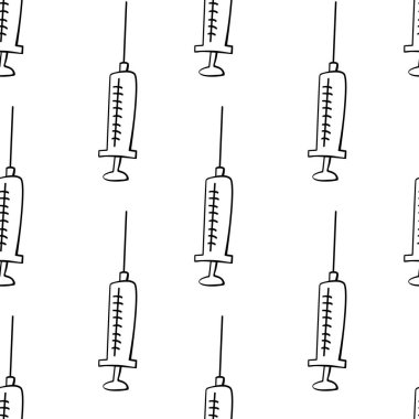 Şırıngaların hatları kusursuz. El çizimi siyah çizgili karalama izole edildi. Tıbbi geçmiş ve doku. Virüs ve aşıya karşı tedavi ve koruma için ekipman ve aşı.