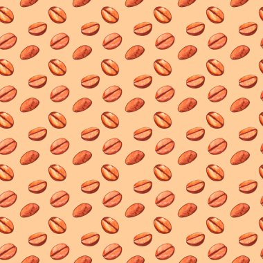 Kahve çekirdekleriyle kusursuz desen. Kafe, bistro, restoran, bar menü kartı için suluboya resimleme. Gıda ve içecek soyut doku tasarımı.