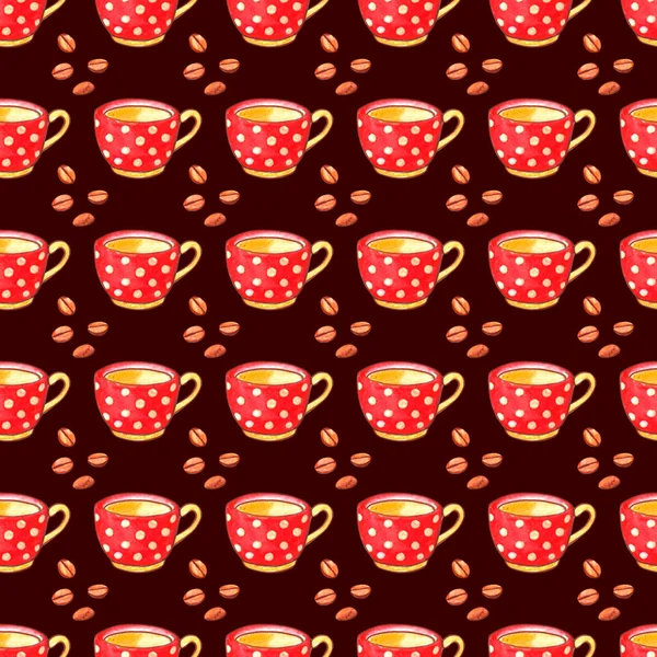 Бесшовный Рисунок Красной Горошек Точкой Чашки Кружки Зерна Кофе Кухонные — стоковое фото