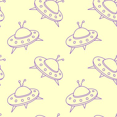 Uçan daireler ve UFO 'larla kusursuz çocuksu bir model. Kumaş, ambalaj, duvar kağıdı, tekstil, giysi, örtü için vektör arkaplan ve doku.