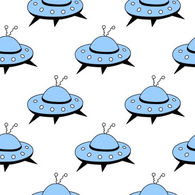 Uçan dairelerde kusursuz desen, UFO. Kumaş, ambalaj, duvar kağıdı, tekstil, giysi, örtü için vektör arkaplan ve doku.