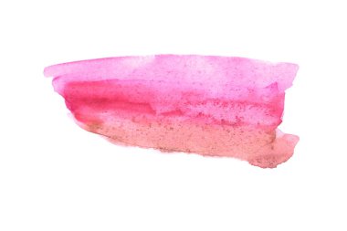 Soyut akvaryum rengi ıslak fırça renginde boya çizgili elementte parmak izi var. Renkli suluboya pembe el çizilmiş kağıt dokusu metin tasarımı için beyaz arkaplanda izole edilmiş leke, web.