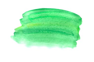 Soyut akvaryum rengi ıslak fırça renginde boya çizgili elementte parmak izi var. Renkli suluboya yeşil el çizimi kağıt dokusu metin tasarımı için beyaz arkaplanda izole edilmiş leke, web.