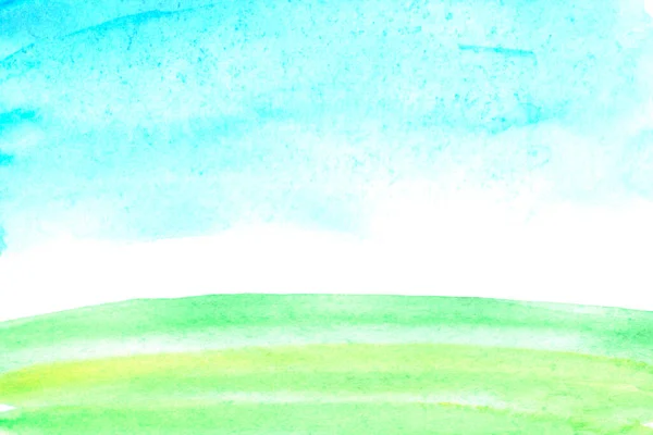 阳光明媚的草地 绿草蓝天的土地 抽象的夏季水彩画背景 污迹斑斑 明信片 插图模板 — 图库照片