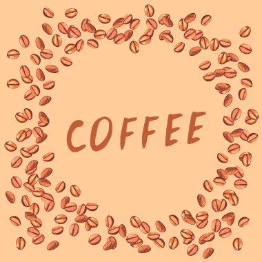 Kavrulmuş kahve çekirdekleri ve çerçevede yazılar. Menü veya ambalaj için suluboya el çizimi şablon çizimi.