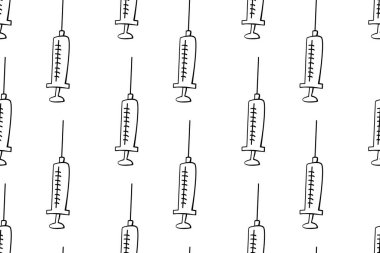 Şırıngaların hatları kusursuz. El çizimi siyah çizgili karalama izole edildi. Tıbbi geçmiş ve doku. Virüs ve aşıya karşı tedavi ve koruma için ekipman ve aşı.