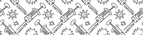 Векторный Бесшовный Рисунок Тему Вакцинации Контурные Молекулы Коронавирусные Клетки Шприцы — стоковый вектор