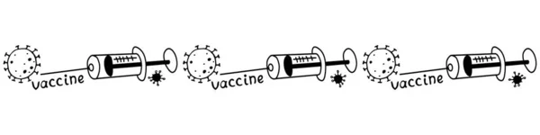 ワクチン接種をテーマにしたエッジ 水平パターンのライン 輪郭分子 コロナウイルス細胞およびワクチン注射器 ドアスタイルの医療デザインのためのベクトル装飾要素 — ストックベクタ
