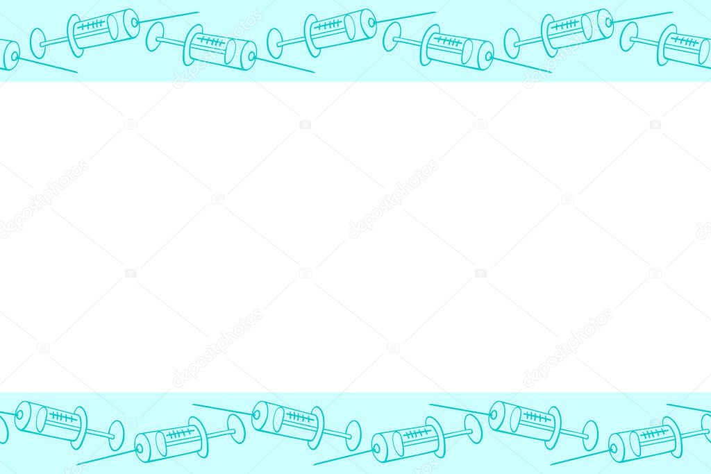 Vector frame, border made of contoured syringes. Horizontal top and bottom edging, decoration, background on theme of injections, treatment, vaccination, health and medicine in doodle style.