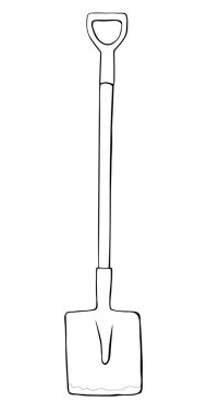 Bahçe küreğinin, küreğin, küreğin, kepçenin taşıyıcı siyah çizgisi. Çiftlikte çalışmak için araç gereçler, kır arazisi, karalama tarzı. El çizimi izole edilmiş çizimler.