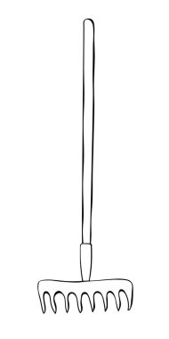 Tırmık. El çizimi taslak çizimi vektör çizimi, karalama stili, izole. Bahçıvanlık. Bahçede, çiftlikte, kır evinde çalışmak için aletler..