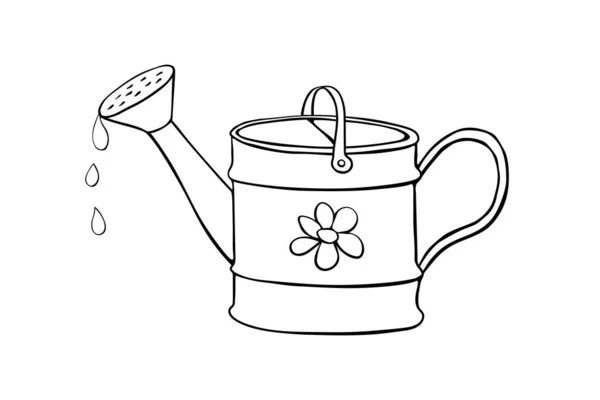 Bevattning Burk Med Blomma Handen Dras Doodle Stil Isolerad Vit — Stock vektor
