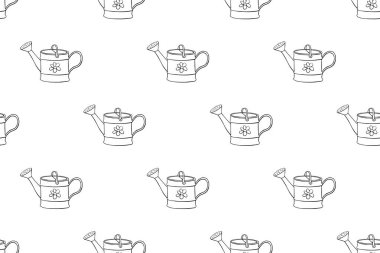 Su bidonlarıyla kusursuz desen. El çizimi vektör arkaplanı ve desen karalama tarzında izole edilmiş. Bahçede, çiftlikte, kır evinde çalışmak için bahçe aletleri..