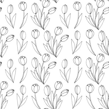 Üç çiçekli lale desenli hatları olan kusursuz bir desen. El çizimi yay dokusu, arka plan. Ambalaj kağıdı, boyama sayfası, anneler, kadınlar ya da sevgililer günü için..