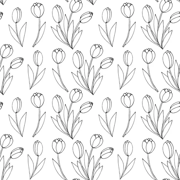 Wektor Bezszwowy Wzór Zarysem Bukiet Trzech Kwiatów Tulipanów Ręcznie Rysowane — Wektor stockowy
