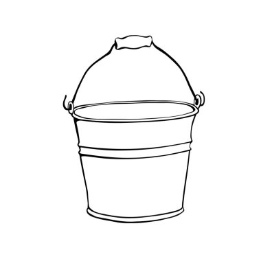 Elinde tutacağı olan alüminyum kova beyaz arka planda izole edilmiş karalama stili. Vektör çizgisi çizimi. Bahçe kapasite aracı imzala.