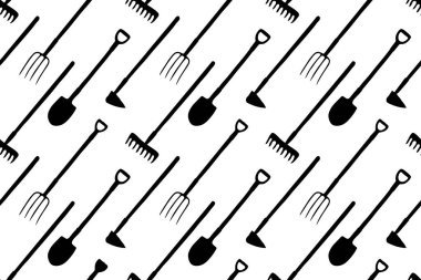 Bahçe malzemeleriyle kusursuz desen: kürekler, maça, tırmıklar, çapalar, yabalar. Çiftlikte çalışmak için araçları olan vektör arkaplan ve dokular Dacha 'da, düz stil alan.