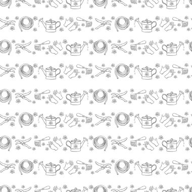 Taslak çiçekli ve bahçe malzemeli kusursuz desenler: sulama tenekesi, tırmık, çapa, eldiven, budama, sulama hortumu. Karalama tarzında bahçe işleriyle uğraşan vektör arkaplanı ve dokuları.