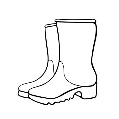 Yağmurlu hava ve bahçıvanlık için lastik çizmeler. El çizimi kıyafetler, karalama tarzında klipsleme sanatı, izole edilmiş..