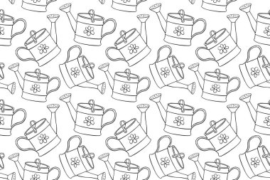 Su bidonlarıyla kusursuz desen. El çizimi vektör arkaplanı ve desen karalama tarzında izole edilmiş. Bahçede, çiftlikte, kır evinde çalışmak için bahçe aletleri..