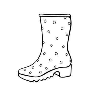 Yağmurlu hava ve bahçıvanlık için polka noktalı lastik çizme. El çizimi kıyafetler, karalama tarzında klipsleme sanatı, izole edilmiş..