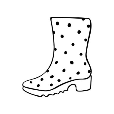 Yağmurlu hava ve bahçıvanlık için polka noktalı lastik çizme. El çizimi kıyafetler, karalama tarzında klipsleme sanatı, izole edilmiş..