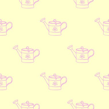 Su bidonlarıyla kusursuz desen. El çizimi vektör arkaplanı ve desen karalama tarzında izole edilmiş. Bahçede, çiftlikte, kır evinde çalışmak için bahçe aletleri..