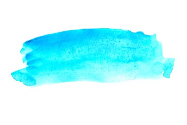 Soyut akvaryum rengi ıslak fırça renginde boya çizgili elementte parmak izi var. Renkli suluboya mavi el çizilmiş kağıt dokusu metin tasarımı için beyaz arkaplanda izole edilmiş leke, web.