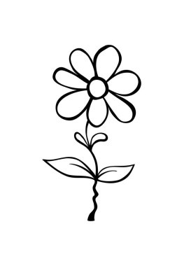 Sapına güzel bir çiçek çizilmiş. Clip sanatı, siyah-beyaz botanik elementler tasarım için izole edilmiş. Çizgi film tarzında vektör illüstrasyonu.