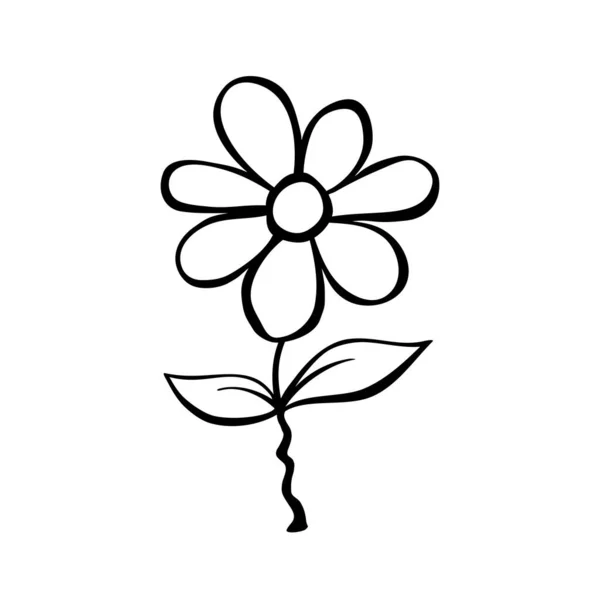 手在茎上画了一朵可爱的花 剪贴画 黑色和白色风格的植物学元素 用于设计隔离 涂鸦卡通风格的矢量插图 — 图库矢量图片
