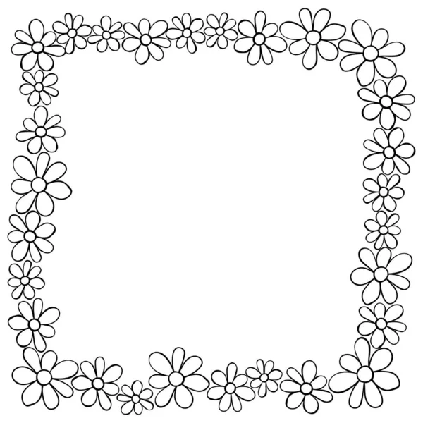 Vector Handgezeichneter Rahmen Rand Aus Schwarzen Umrissen Kleine Blumen Doodle — Stockvektor