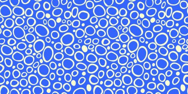 Noktalı soyut vektör kusursuz desen. Rastgele halkalar, noktalar, daireler, noktalar, lekeler, kabarcıklar, taşlar. Kumaş için tasarlanmış, komik, şirin bir iz. Düzensiz rastgele doku. Tekrarlanan grafik arkaplan.