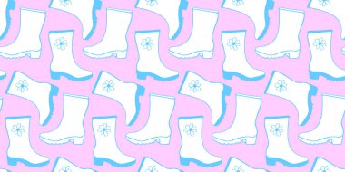 Yağmurlu hava ya da bahçe işleri için izole edilmiş, düz çizgili lastik botlar. El çizimi arkaplan ve desen karalama tarzında kıyafet öğesi ile.