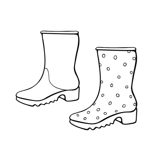 Vector Outline Polka Dot Gummistiefel Für Regenwetter Oder Gartenarbeit Handgezeichnetes — Stockvektor