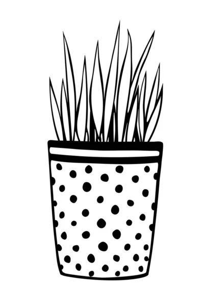 Pot Fleurs Avec Herbe Décorative Plante Illustration Vectorielle Contour Noir — Image vectorielle