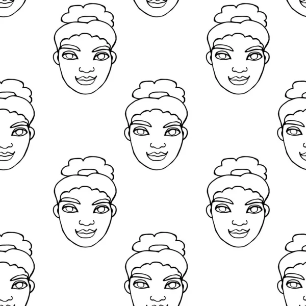 Seamless Pattern Cartoon Face Vector People Hand Drawn Line Art — Stock Vector