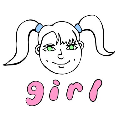 The face of a girl with two ponytails. Vector contour illustration in the style of doodle drawn by hand. Different and beautiful. vector