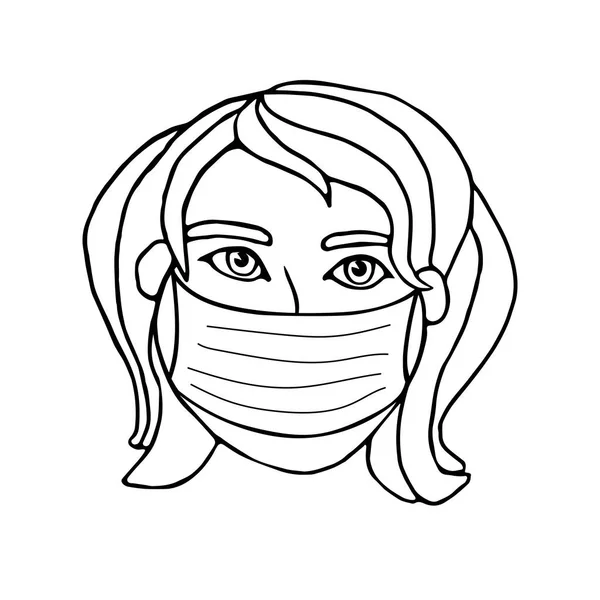 医療用マスクの女の子は感染症 ウイルスから保護します 隔離時間 コロナウイルス予防をテーマにしたドアスタイルで描かれた黒いアウトラインイラストを手描き — ストックベクタ