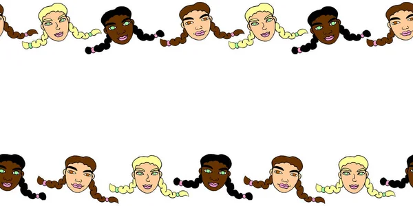 子供の漫画の顔のフレーム シームレスなパターン ピグテールを持つ女の子 手描きベクトル水平上端と下端 トリム 友情と平等の象徴 — ストックベクタ