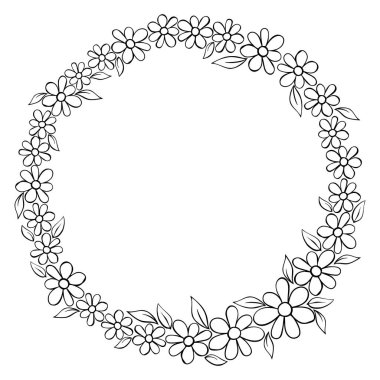 Vektör el çizimi çerçeve, siyah çizgilerin sınırı karalama tarzında küçük çiçekler. Hoş, basit, ilkel bir geçmiş, davetiye dekorasyonu, tebrik kartı, düğün..
