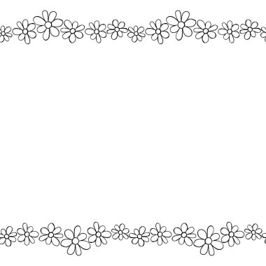 Vektör el çizimi sınır çizgisi, küçük çizgili siyah çiçekli çerçeve karalama tarzı papatyalar. Yatay üst ve alt kenar, doğum günü süslemesi, tebrik kartı, çocuk teması.