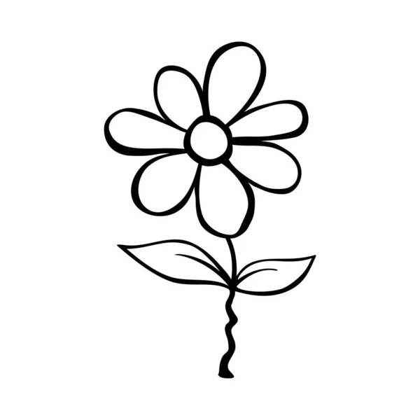 Hand Drawn Cute Flower Stem Clip Art Black White Stylized — Stock Vector