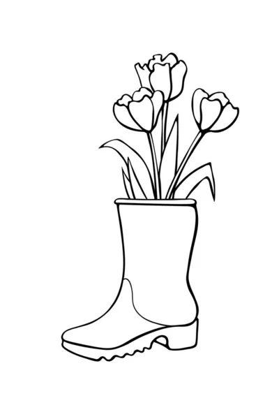 Vector Outline Spring Tulip Flowers Rubber Rain Boots Cute Seasonal — Stock Vector