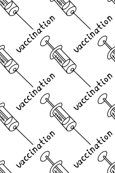 Векторный Бесшовный Рисунок Тему Вакцинации Контурная Вакцина Шприцы Буквами Черный — стоковый вектор