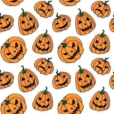 Balkabaklarıyla kusursuz desen, Jack Fenerleri. Cadılar Bayramı için vektör geçmişi ve dokular. El çizimi düz karalama tarzında, izole edilmiş..