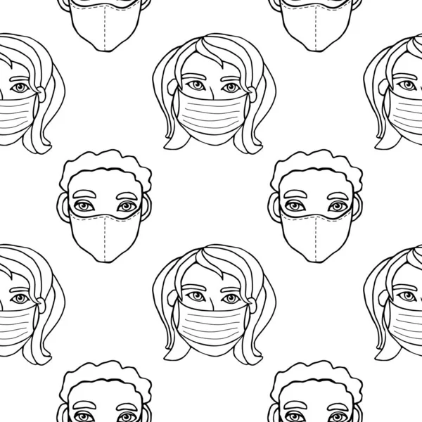 Modèle Sans Couture Vectoriel Avec Contour Des Personnes Portant Masque — Image vectorielle