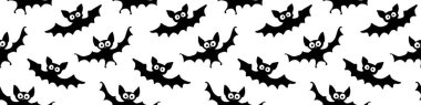 Uçan yarasaların pürüzsüz desenleri. Şirin Ürkütücü vektör çizimi. Cadılar Bayramı arkaplan ve dokuları düz gotik çizgi film tarzında. Gökyüzündeki siyah siluetler.