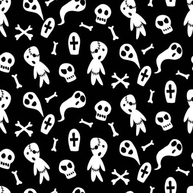 Karakterler, zombiler, hayaletler ve kafataslarıyla Cadılar Bayramı 'nın kusursuz şablonu kutlu olsun. Tebrik kartı, davetiye, parti posteri, afiş için desenli arkaplan.