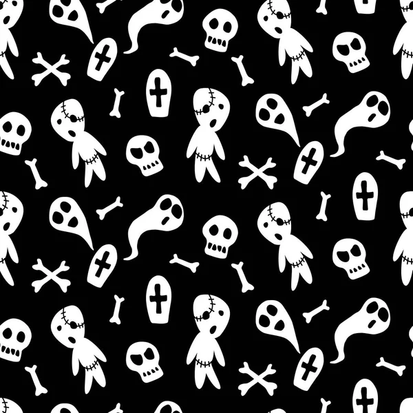 Glad Halloween Sömlös Mönster Med Uppsättning Tecken Fladdermöss Zombies Spöken — Stock vektor