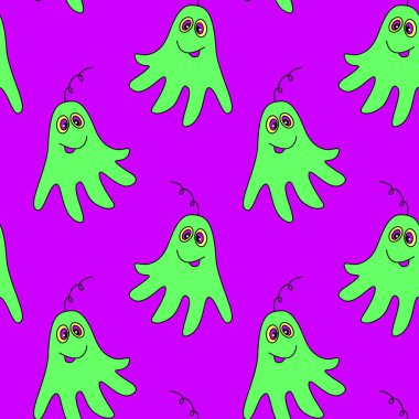 Şirin, komik yaratıklar, uzaylılar ve uzay karalamalarıyla kusursuz çocuksu desenler. Kumaş, ambalaj, tekstil, giysi, örtü için kozmik veya Cadılar Bayramı arka planı ve dokusu.